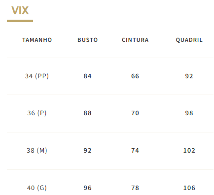 Tabela de medidas roupas Vix Brasil